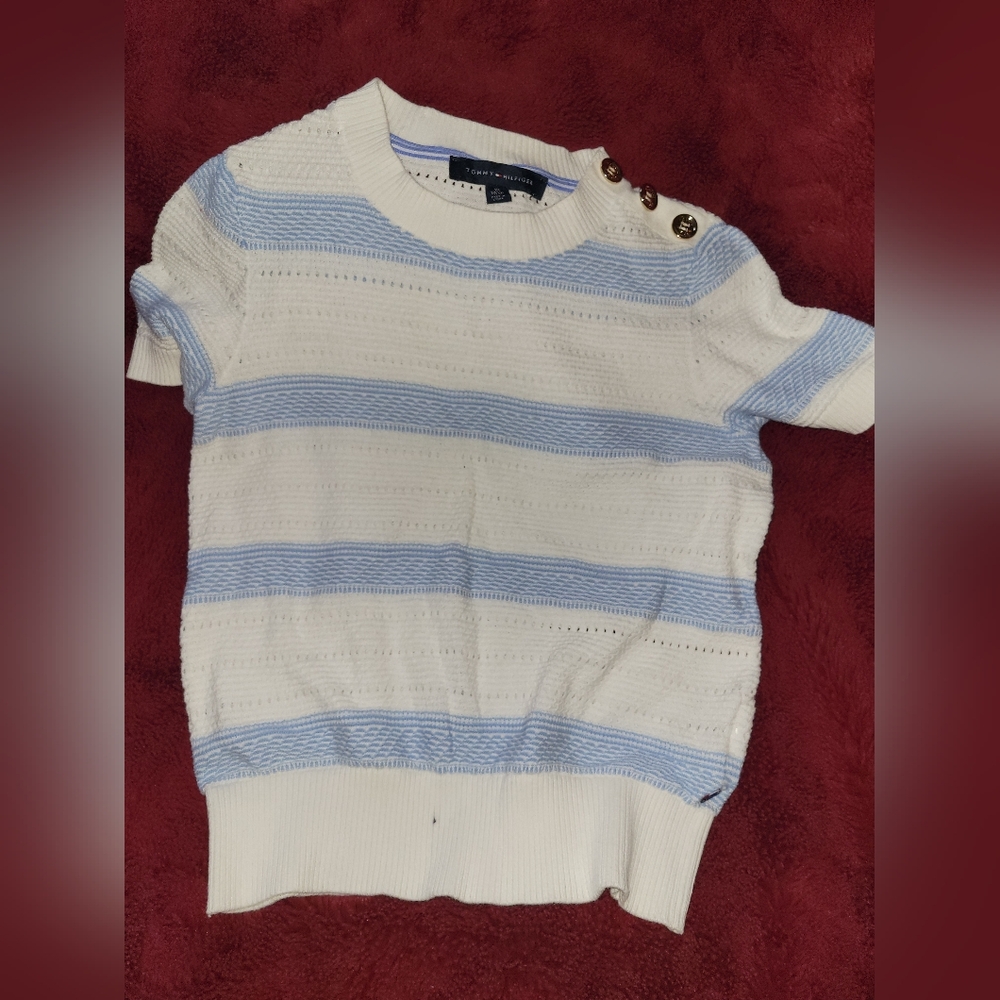 Tommy Hilfiger White & Light Blue Striped Short Sleeve Knit Sweater